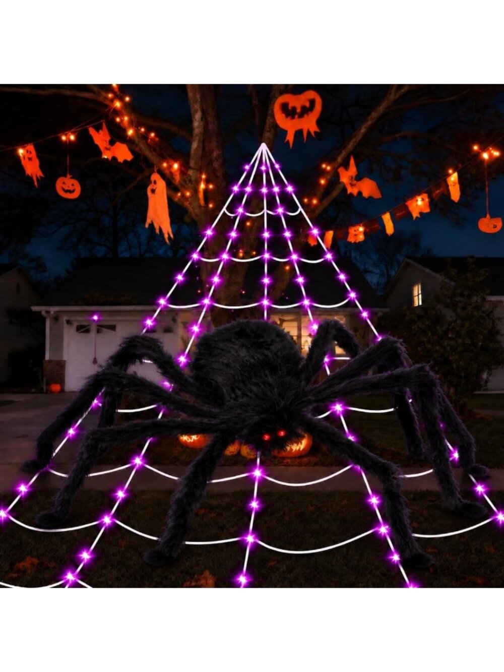 Lighted Halloween Spider Web Decor, 16.4 FT with 250 Purple LEDs & Poseable